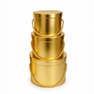 Set of 3 Gold Round Flower Boxes with Rope Handles