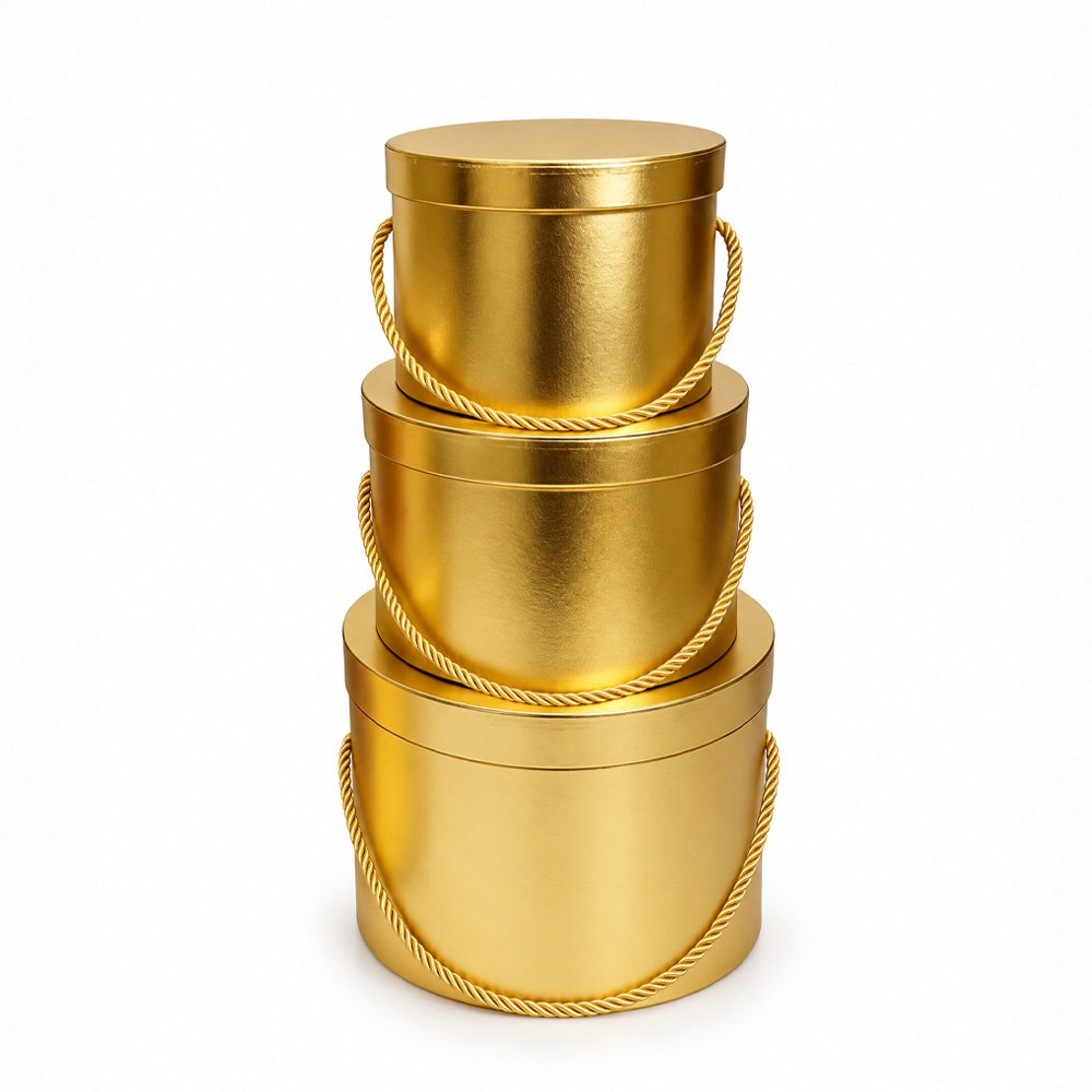 Set of 3 Gold Round Flower Boxes with Rope Handles