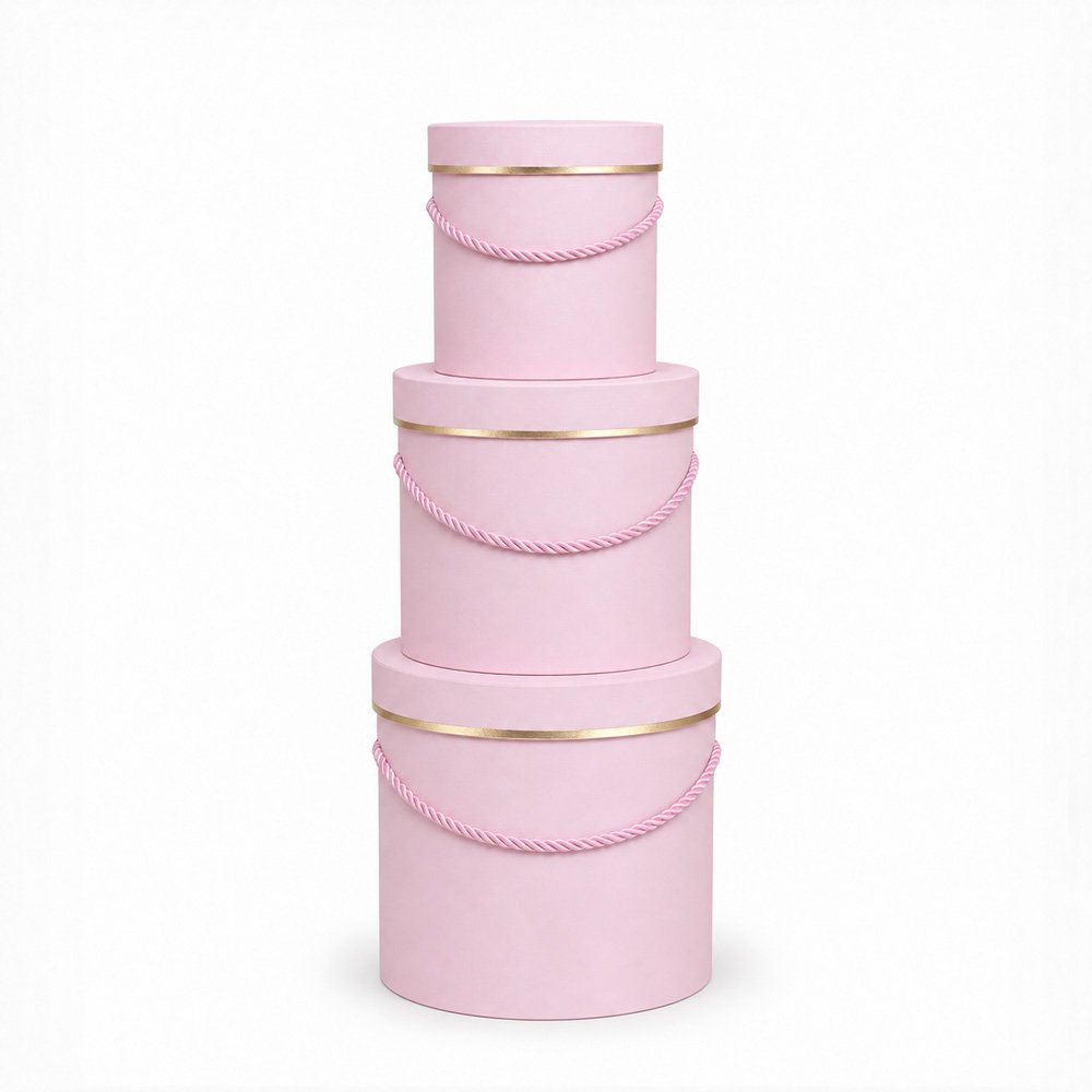 Set of 3 Foil-Stamped Round Flower Boxes with Rope Handles