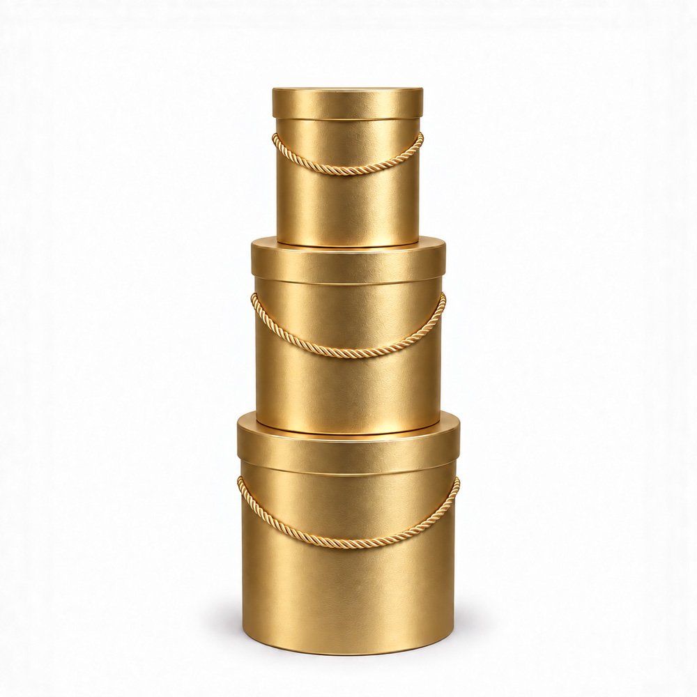 Set of 3 Gold Round Flower Boxes with Rope Handles
