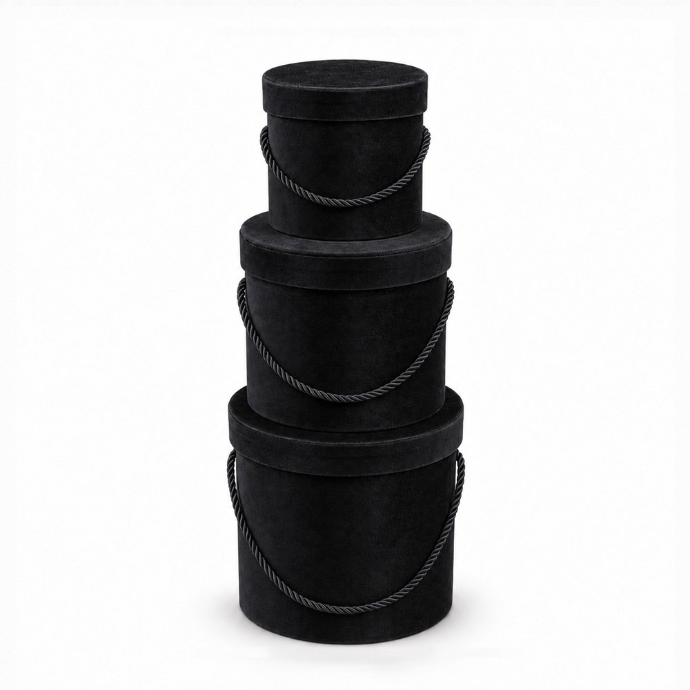 Set of 3 Velvet Round Flower Boxes with Rope Handles - Image 2