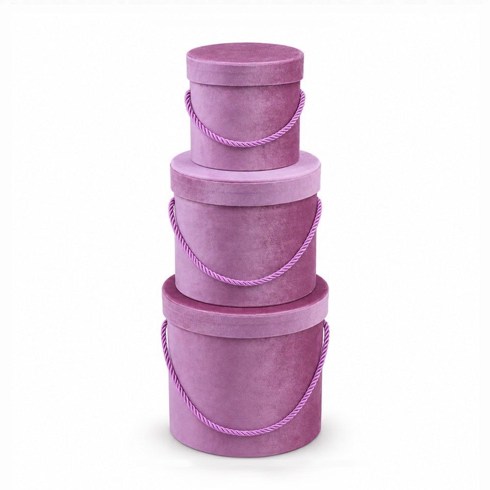 Set of 3 Velvet Round Flower Boxes with Rope Handles - Image 3