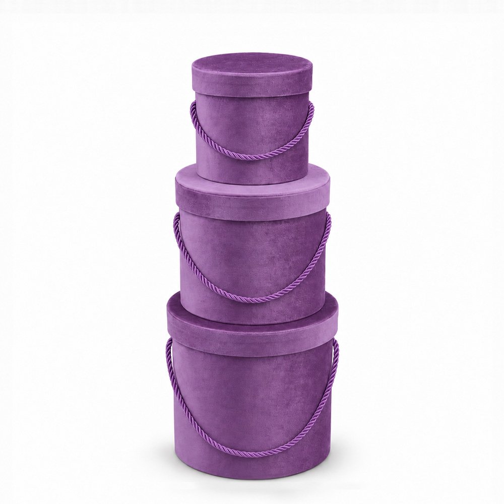 Set of 3 Velvet Round Flower Boxes with Rope Handles - Image 4