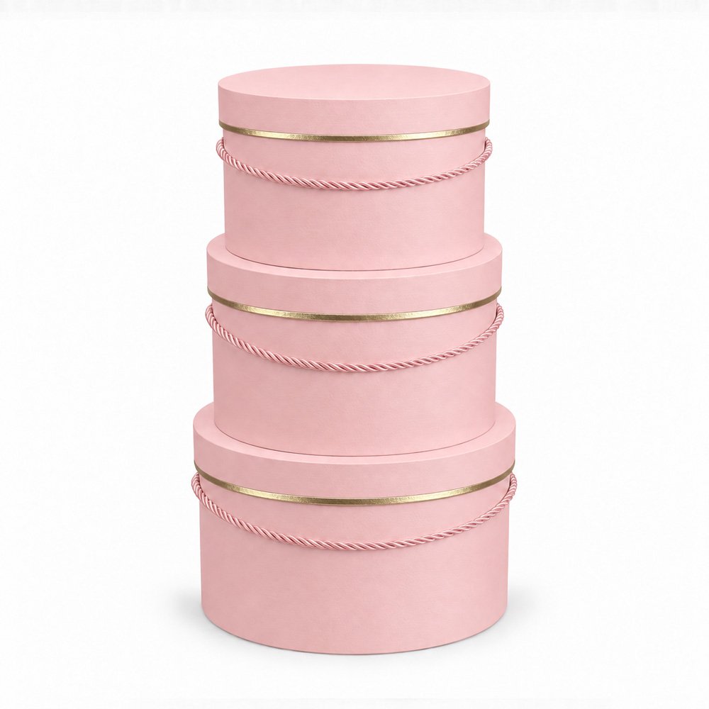 Set of 3 Foil-Stamped Round Flower Boxes with Rope Handles