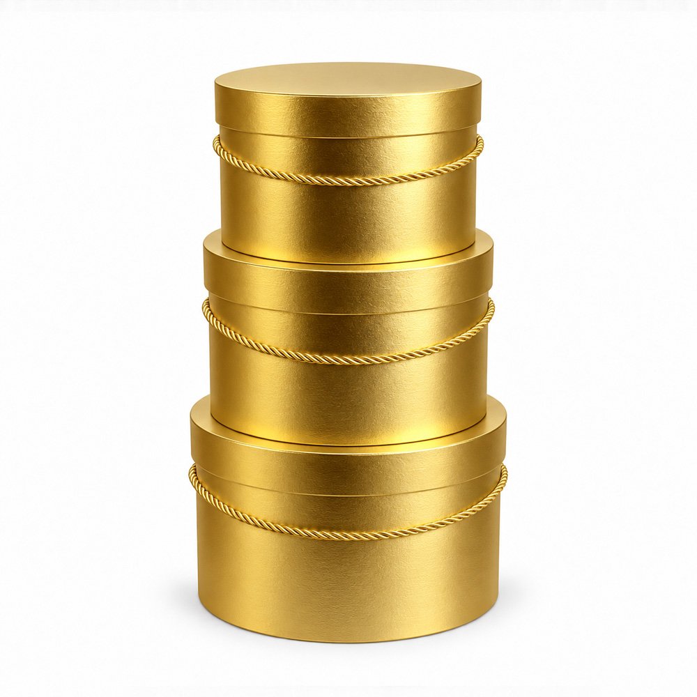 Set of 3 Gold Round Flower Boxes with Rope Handles
