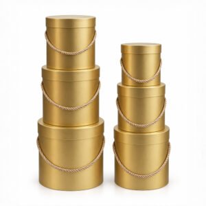 Set of 6 Gold Round Flower Boxes with Rope Handles