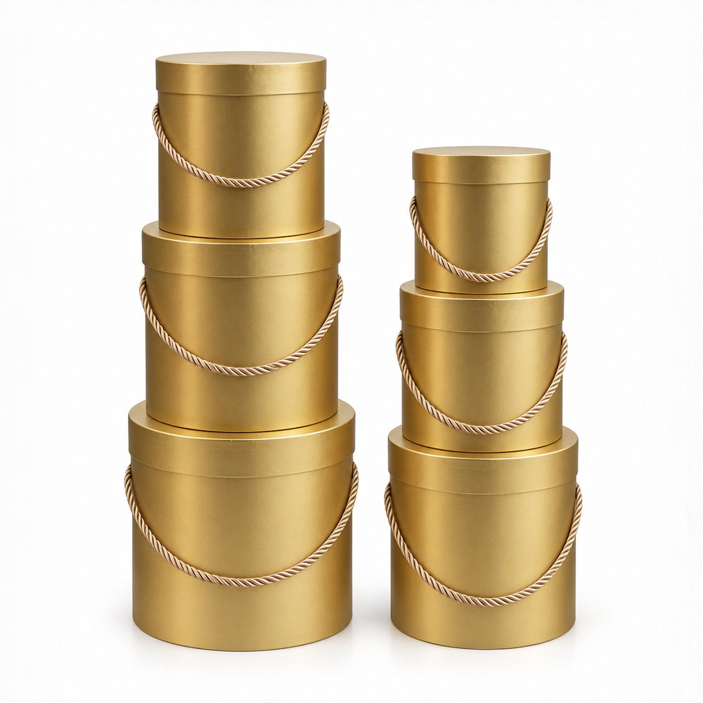 Set of 6 Gold Round Flower Boxes with Rope Handles