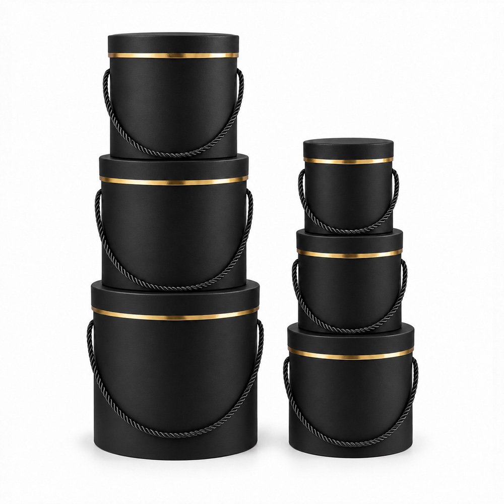 Set of 6 Foil-Stamped Round Flower Boxes with Rope Handles - Image 2