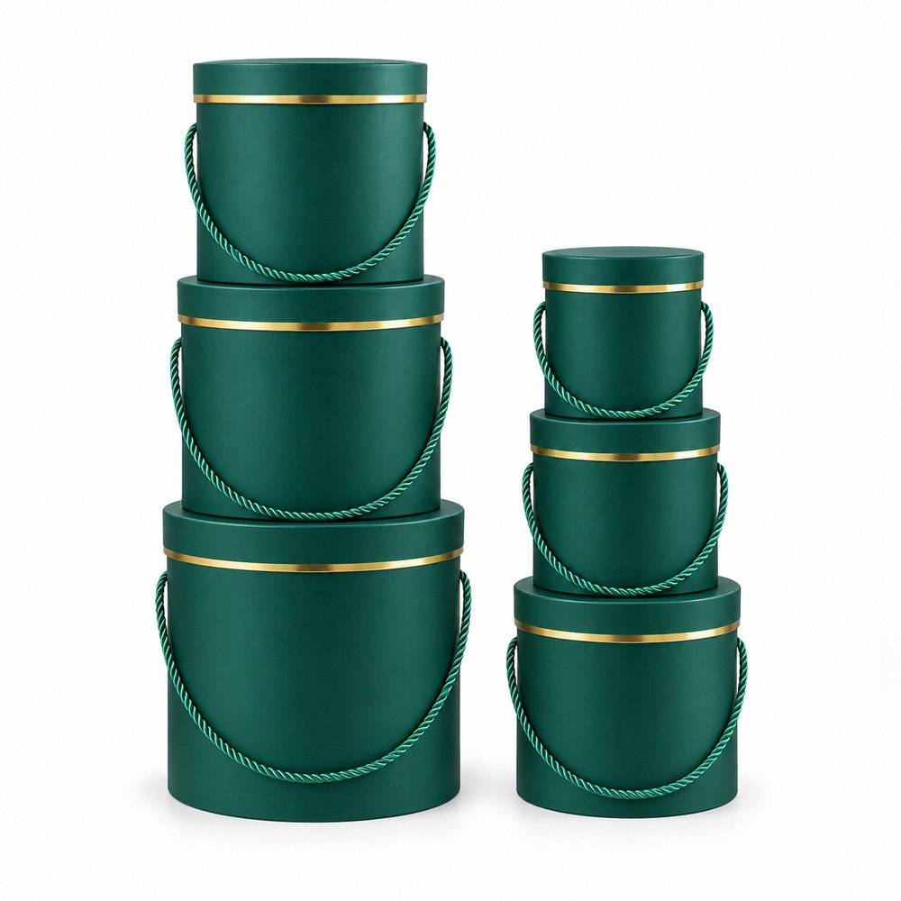 Set of 6 Foil-Stamped Round Flower Boxes with Rope Handles - Image 3