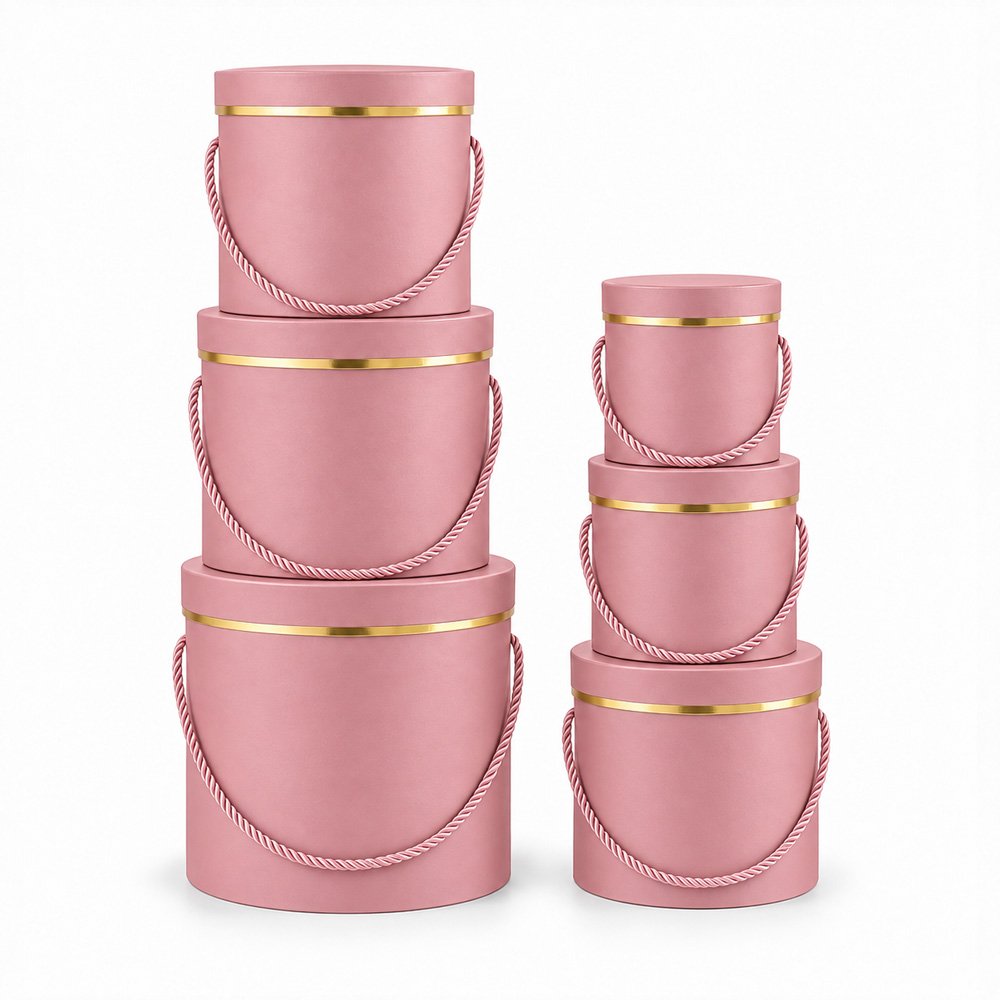 Set of 6 Foil-Stamped Round Flower Boxes with Rope Handles