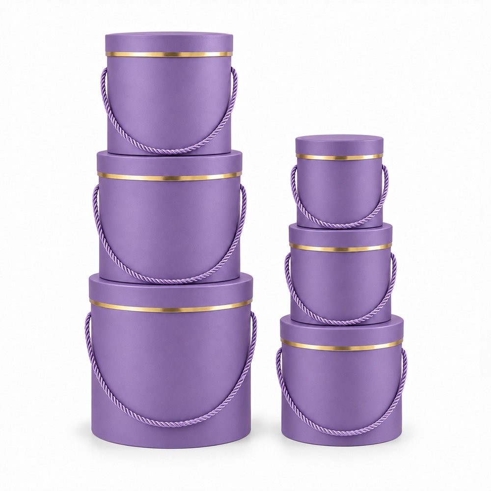 Set of 6 Foil-Stamped Round Flower Boxes with Rope Handles - Image 4