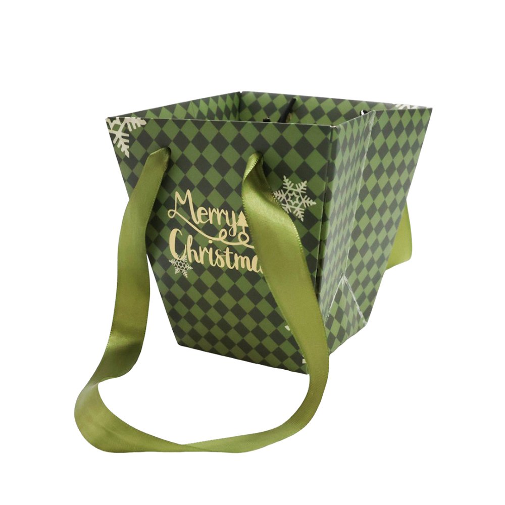 Christmas Checkered Waterproof Cardboard Flower Bag with Satin Ribbon Handles - Image 3