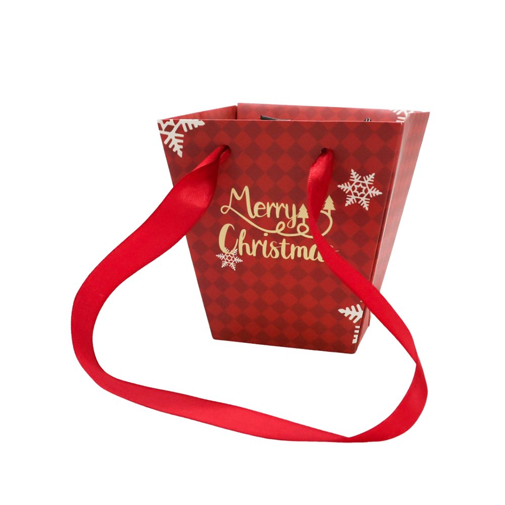 Christmas Checkered Waterproof Cardboard Flower Bag with Satin Ribbon Handles - Image 2