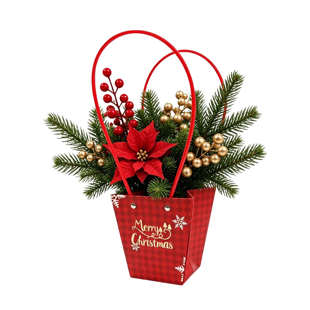 Christmas Checkered Waterproof Cardboard Flower Bag with PVC Handles - Image 10