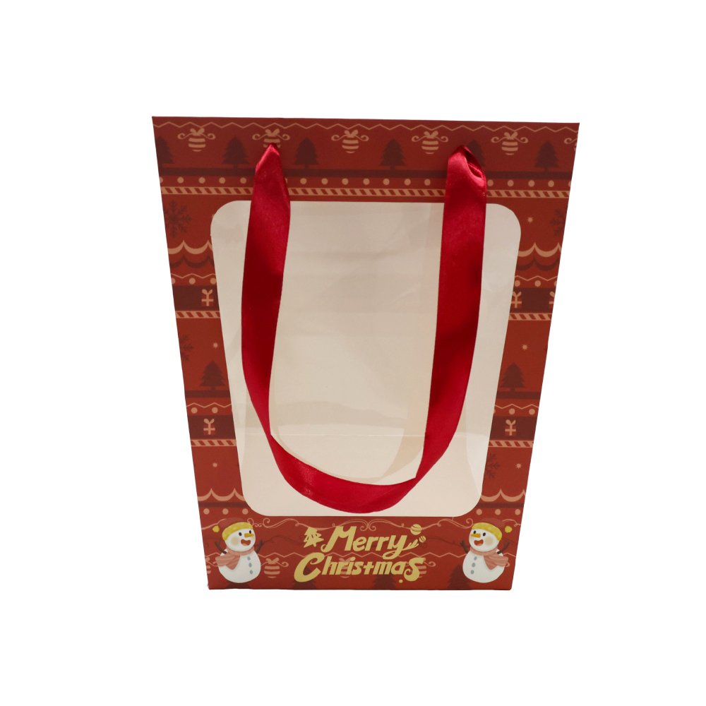 Christmas Cardboard Flower Bag with a Window and Satin Ribbon Handles - Image 3