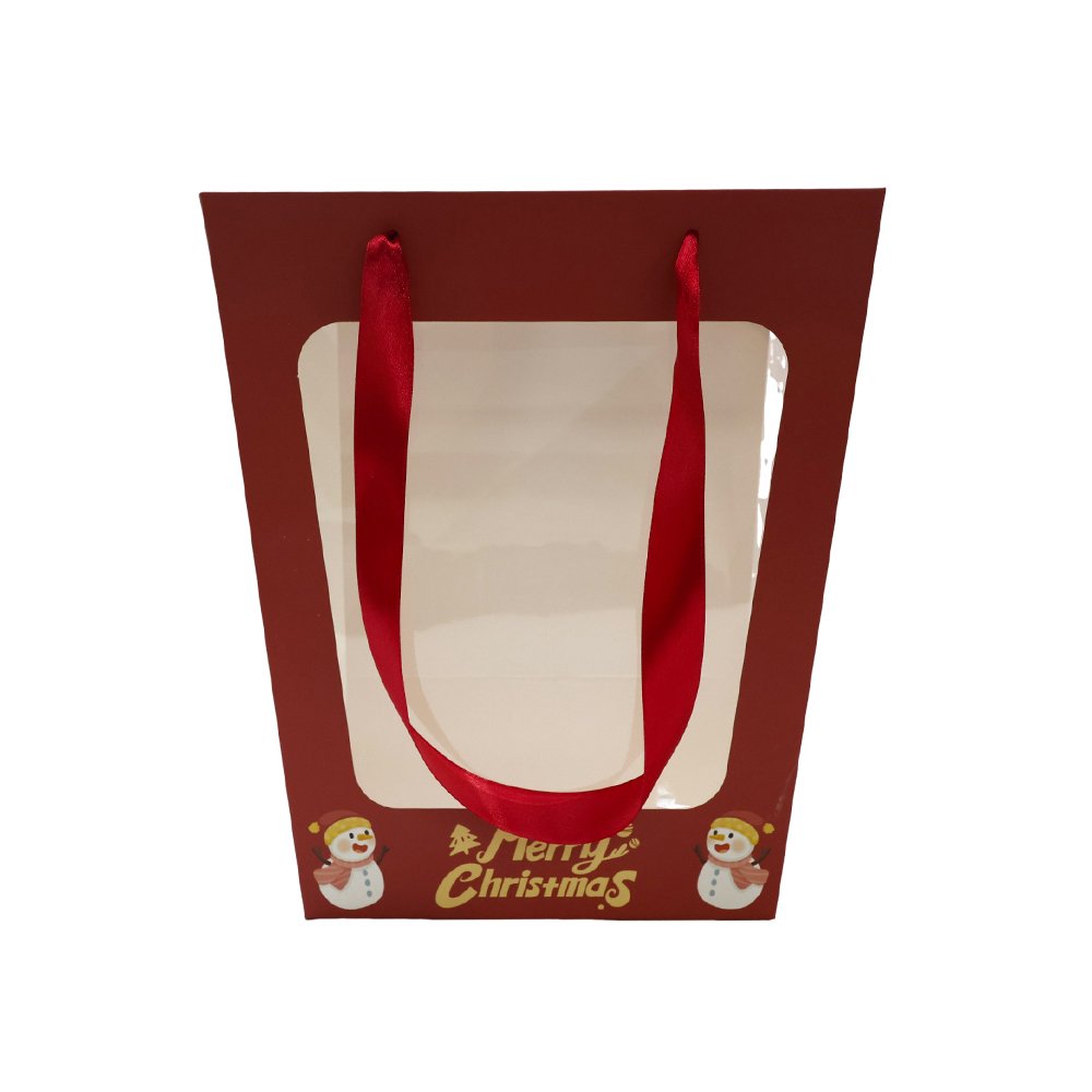 Christmas Cardboard Flower Bag with a Window and Satin Ribbon Handles - Image 2
