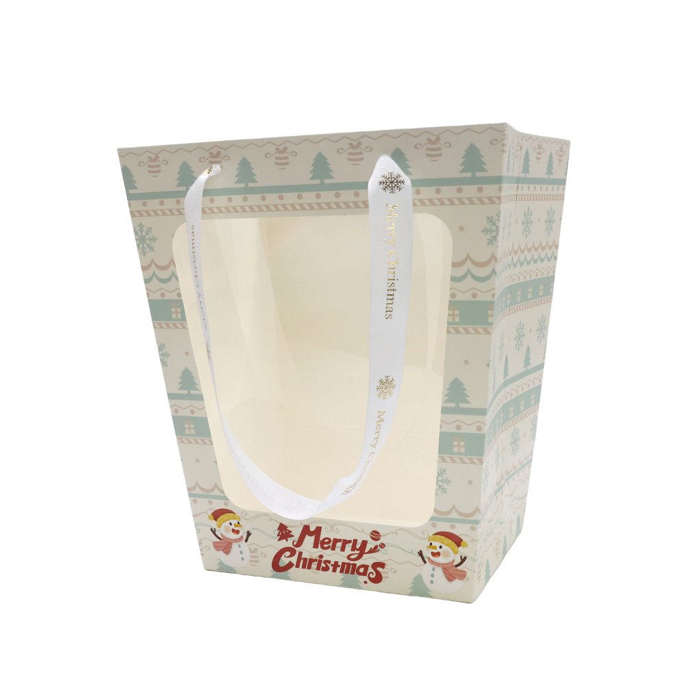 Christmas Cardboard Flower Bag with a Window and Satin Ribbon Handles - Image 5