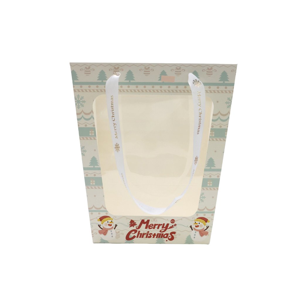 Christmas Cardboard Flower Bag with a Window and Satin Ribbon Handles - Image 4