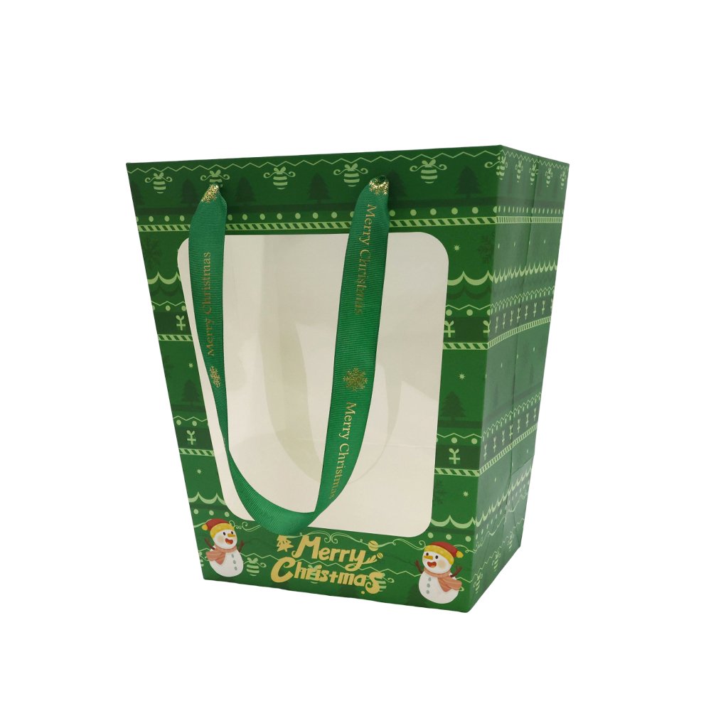 Christmas Cardboard Flower Bag with a Window and Satin Ribbon Handles - Image 9
