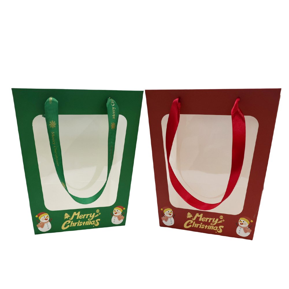 Christmas Cardboard Flower Bag with a Window and Satin Ribbon Handles - Image 10