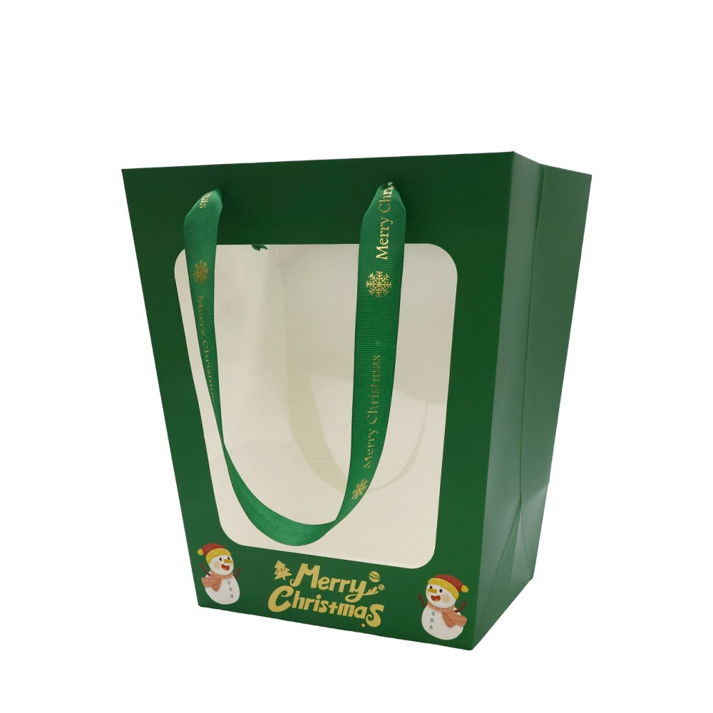 Christmas Cardboard Flower Bag with a Window and Satin Ribbon Handles - Image 7