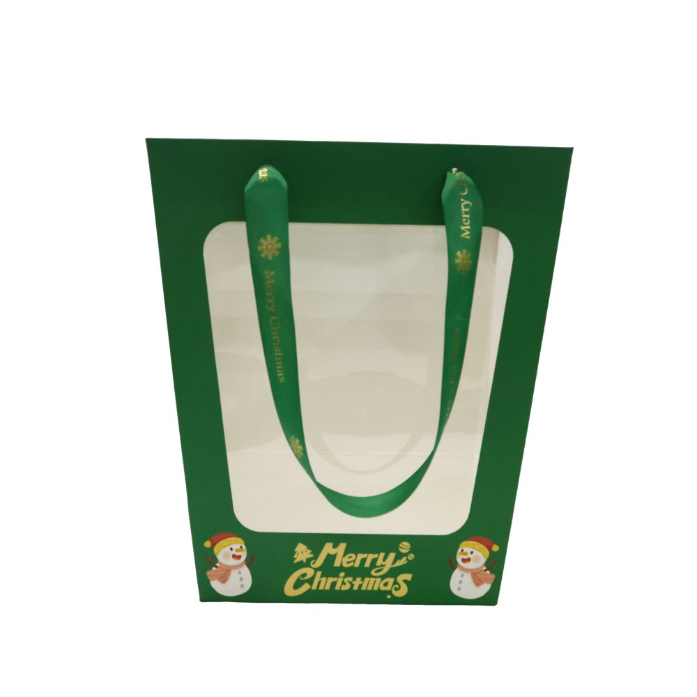 Christmas Cardboard Flower Bag with a Window and Satin Ribbon Handles - Image 6