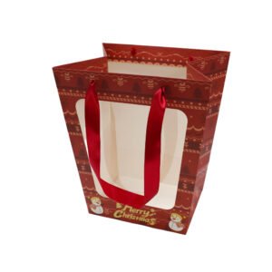 Christmas Cardboard Flower Bag with a Window and Satin Ribbon Handles