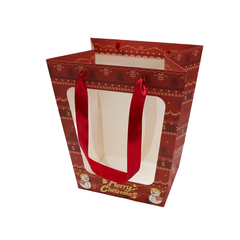 Christmas Cardboard Flower Bag with a Window and Satin Ribbon Handles