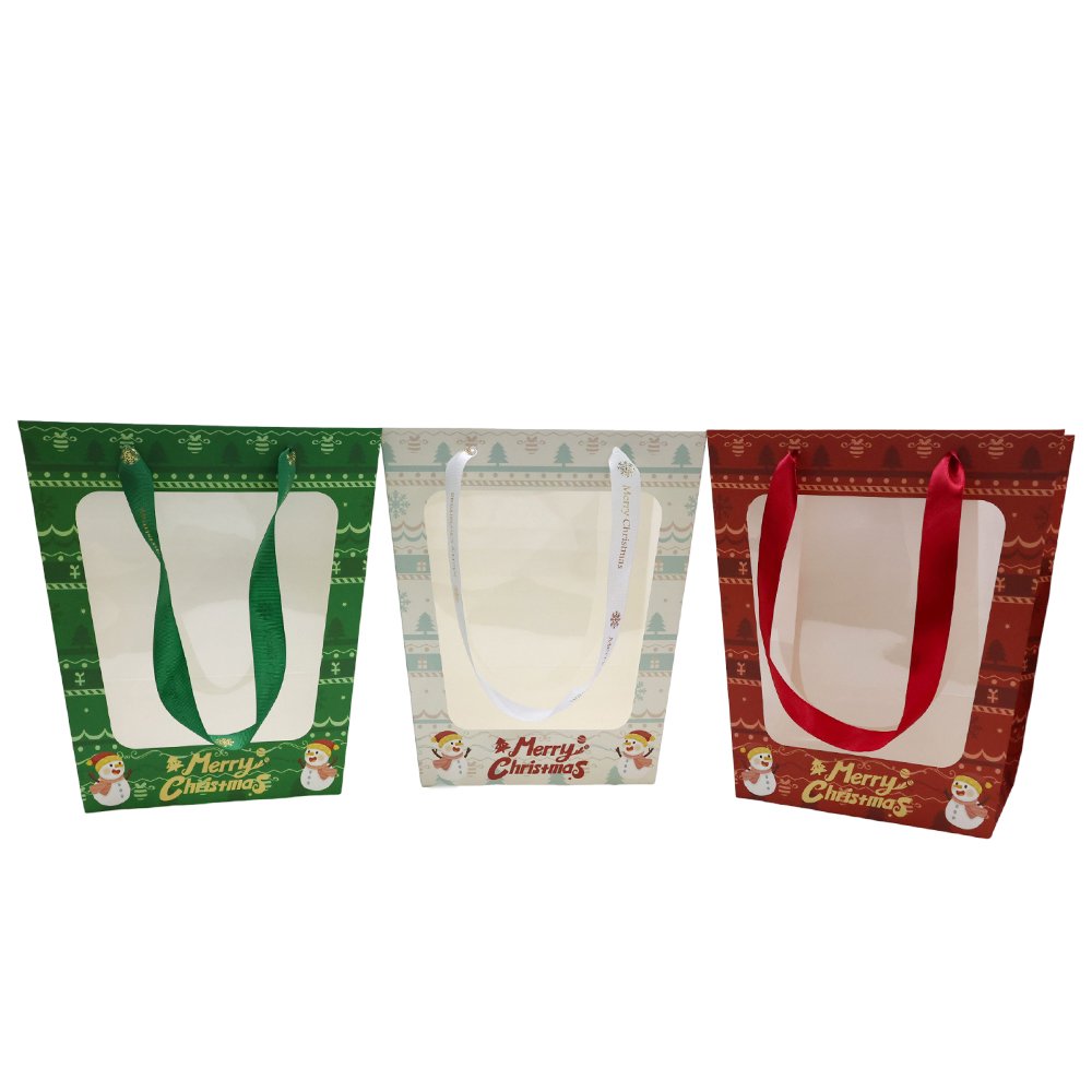 Christmas Cardboard Flower Bag with a Window and Satin Ribbon Handles - Image 11