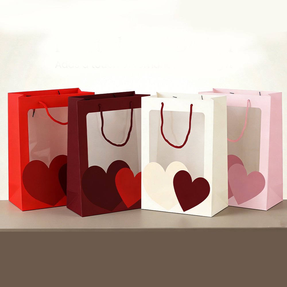 Heart-Print Cardboard Flower Bag with a Window and Cotton Handles - Image 4