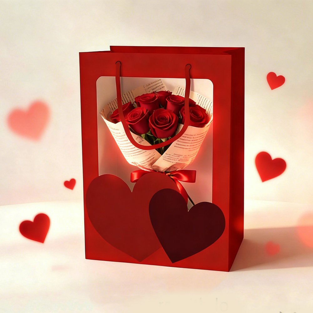 Heart-Print Cardboard Flower Bag with a Window and Cotton Handles - Image 2