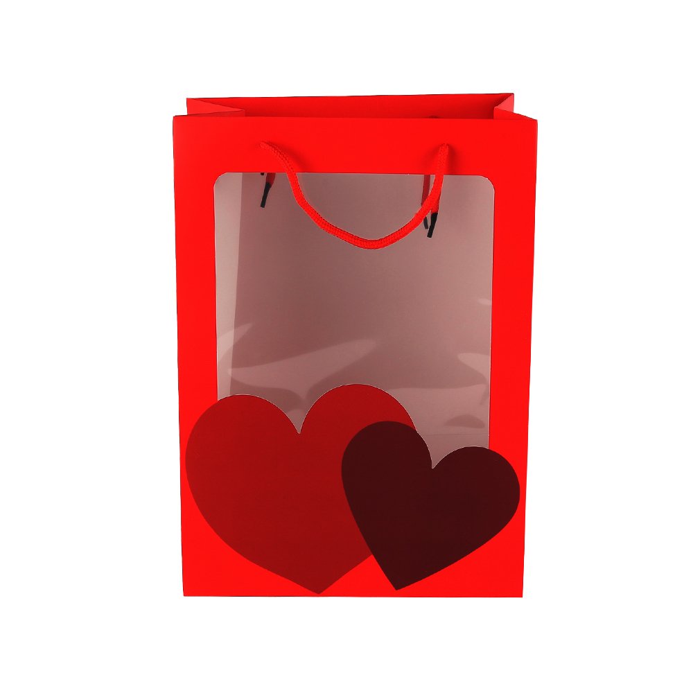 Heart-Print Cardboard Flower Bag with a Window and Cotton Handles - Image 3