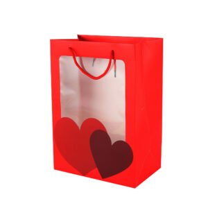 Heart-Print Cardboard Flower Bag with a Window and Cotton Handles