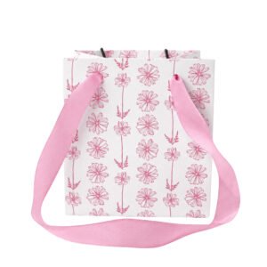Floral-Print Square Cardboard Flower Bag with Satin Ribbon Handles