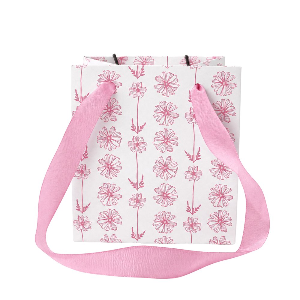 Floral-Print Square Cardboard Flower Bag with Satin Ribbon Handles