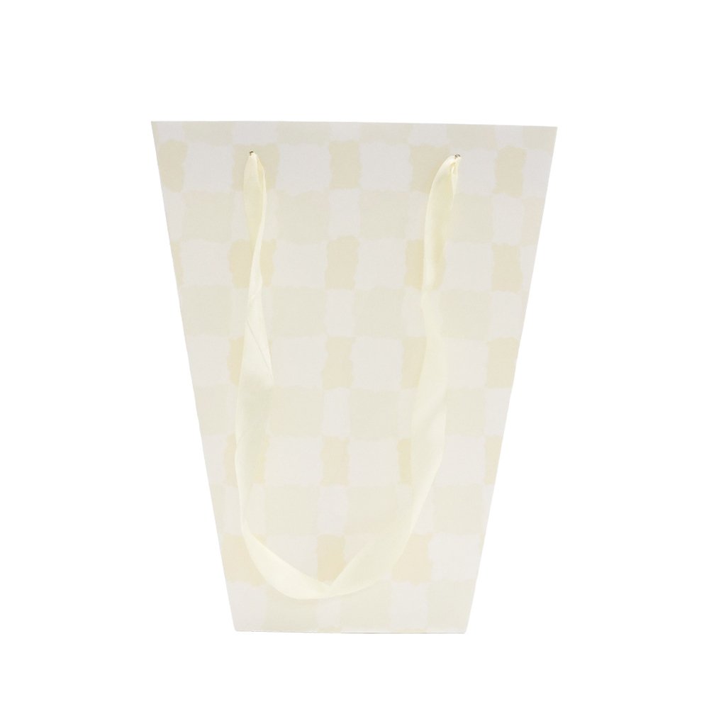 Checkered T-Shaped Paper Flower Bag with Satin Ribbon Handles