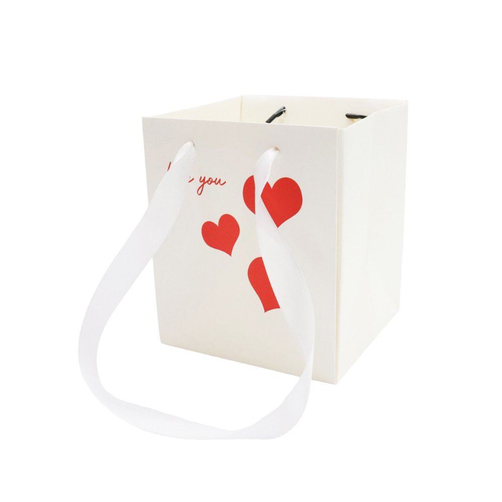 Love You Heart-Print Waterproof Square Cardboard Flower Bag with Satin Ribbon Handles - Image 2