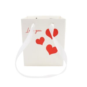 Love You Heart-Print Waterproof Square Cardboard Flower Bag with Satin Ribbon Handles