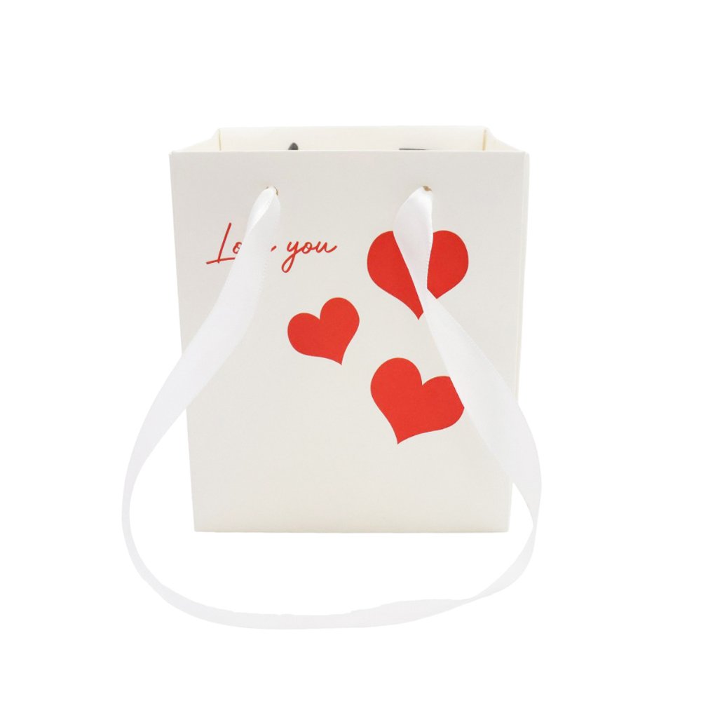 Love You Heart-Print Waterproof Square Cardboard Flower Bag with Satin Ribbon Handles