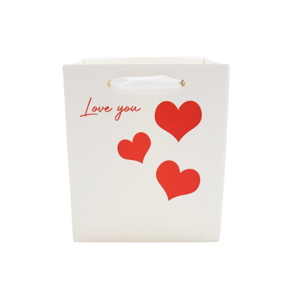 Love You Heart-Print Waterproof Square Cardboard Flower Bag with Satin Ribbon Handles - Image 3