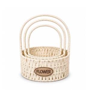 White Round Polyester-Cotton Rope Basket with Handle and Liner, Set of 3 - 28 × 24 cm