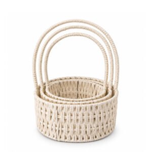 White Round Polyester-Cotton Rope Basket with Liner, Set of 3 - Ø 28 × 46 cm