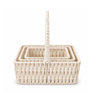 White Square Polyester-Cotton Rope Basket with Liner, Set of 3 - 30 × 20 × 42 cm