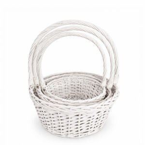 White Round Willow Basket with Handle and Liner, Set of 3 - Top Ø 36 cm, Base Ø 29 cm, H 38 cm