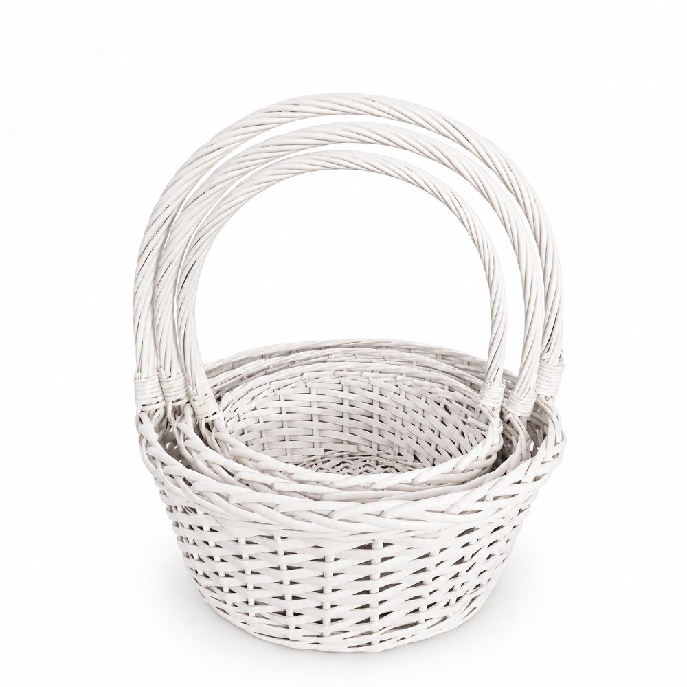 White Round Willow Basket with Handle and Liner, Set of 3 - Top Ø 36 cm, Base Ø 29 cm, H 38 cm