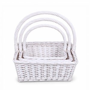 White Square Willow Basket with Handle and Liner, Set of 3 - 40 × 28 × 38 cm